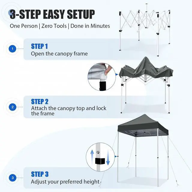 Alt view image 7 of 7 - 5x5 Pop Up Canopy Tent Instant Outdoor Canopy Easy Set-up Straight Leg Folding Shelter, Gray