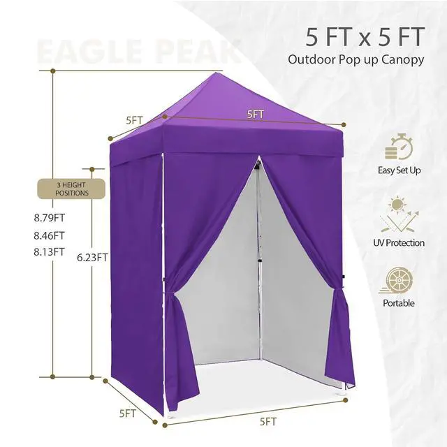 Alt view image 3 of 7 - 5x5 Instant Canopy with 4-Side Wall Panels, Small Pop up Portable Canopy Tent with Carry Bag, Light Weight Sun Shelter for Sports, Camping and Beach, Purple