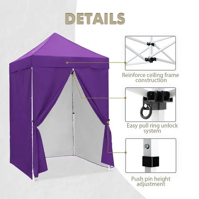 Alt view image 4 of 7 - 5x5 Instant Canopy with 4-Side Wall Panels, Small Pop up Portable Canopy Tent with Carry Bag, Light Weight Sun Shelter for Sports, Camping and Beach, Purple