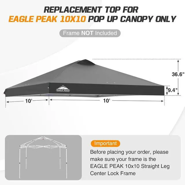 Alt view image 2 of 7 - Replacement Canopy Top for Eagle Peak 10x10 Straight Leg Pop Up Canopy Frame Only, Canopy Cover with Air Vent, UPF 50+, Frame NOT Included, Gray