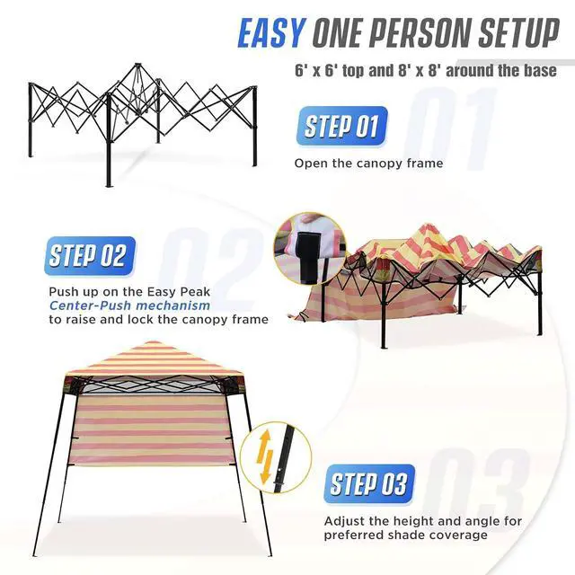 Alt view image 2 of 7 - 8x8 Pop Up Canopy Tent with Sidewall, Compact, Portable Slant Leg Instant Sun Shelter for Beach, Sports, & Camping, 8x8 Base 6x6 Top, Orange Yellow Stripe