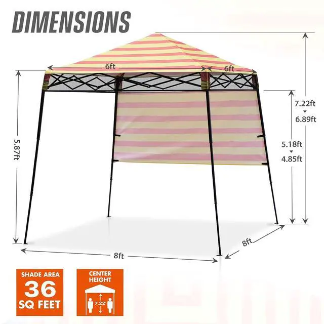 Alt view image 3 of 7 - 8x8 Pop Up Canopy Tent with Sidewall, Compact, Portable Slant Leg Instant Sun Shelter for Beach, Sports, & Camping, 8x8 Base 6x6 Top, Orange Yellow Stripe