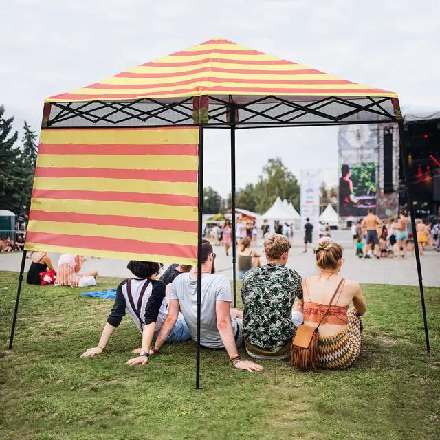 Alt view image 5 of 7 - 8x8 Pop Up Canopy Tent with Sidewall, Compact, Portable Slant Leg Instant Sun Shelter for Beach, Sports, & Camping, 8x8 Base 6x6 Top, Orange Yellow Stripe