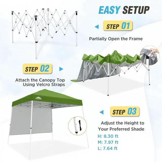 Alt view image 2 of 5 - 10x10 Pop Up Canopy Tent with Sidewall, Compact, Portable Slant Leg Instant Sun Shelter for Beach, Sports, & Camping, 10x10 Base 8x8 Top, Green