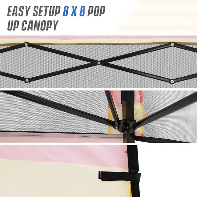 Alt view image 7 of 7 - 8x8 Pop Up Canopy Tent with Sidewall, Compact, Portable Slant Leg Instant Sun Shelter for Beach, Sports, & Camping, 8x8 Base 6x6 Top, Orange Yellow Stripe
