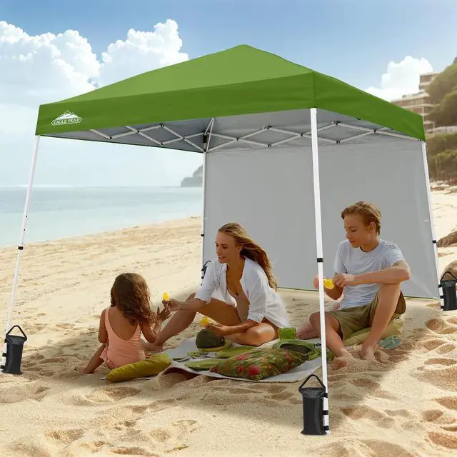 Alt view image 3 of 5 - 10x10 Pop Up Canopy Tent with Sidewall, Compact, Portable Slant Leg Instant Sun Shelter for Beach, Sports, & Camping, 10x10 Base 8x8 Top, Green