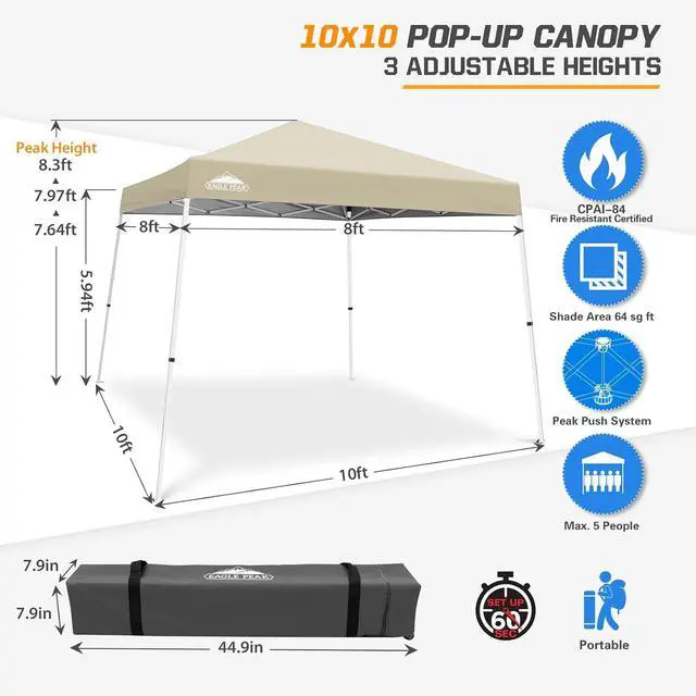 Alt view image 3 of 7 - 10x10 Slant Leg Pop-up Canopy Tent Easy One Person Setup Instant Outdoor Beach Canopy Folding Portable Sports Shelter 10x10 Base 8x8 Top (Light Beige)