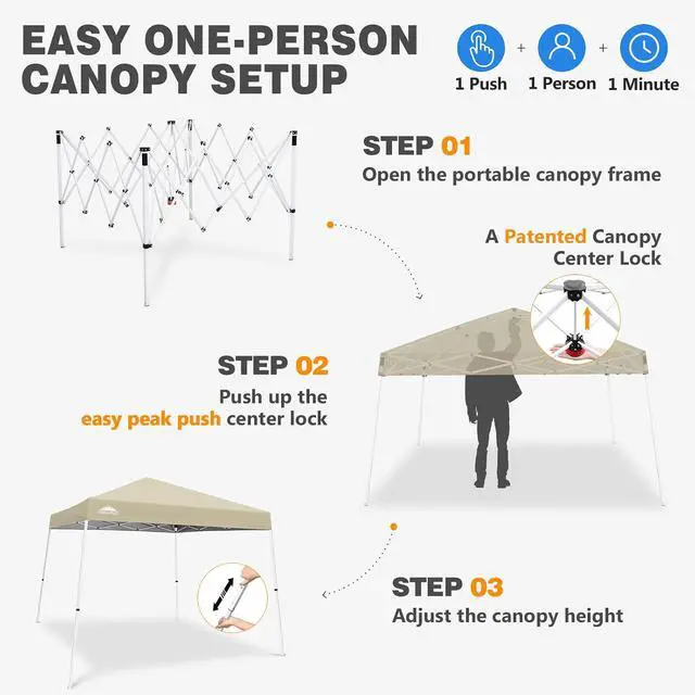 Alt view image 6 of 7 - 10x10 Slant Leg Pop-up Canopy Tent Easy One Person Setup Instant Outdoor Beach Canopy Folding Portable Sports Shelter 10x10 Base 8x8 Top (Light Beige)