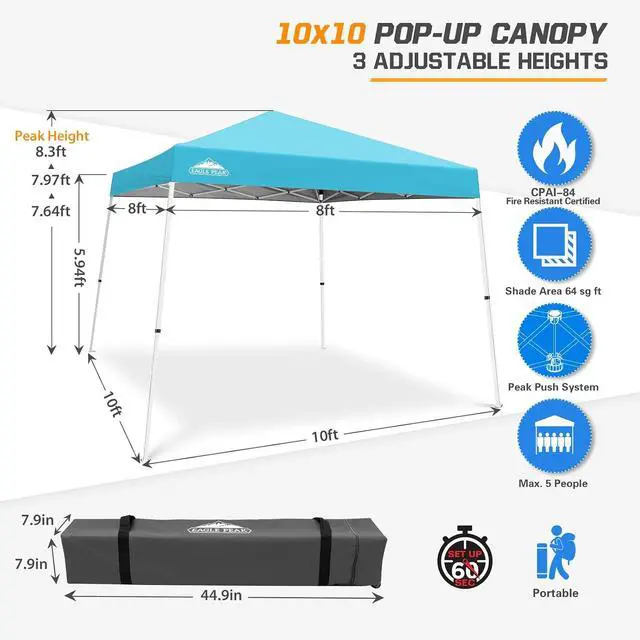 Alt view image 3 of 7 - 10x10 Slant Leg Pop-up Canopy Tent Easy One Person Setup Instant Outdoor Beach Canopy Folding Portable Sports Shelter 10x10 Base 8x8 Top (Light Blue)