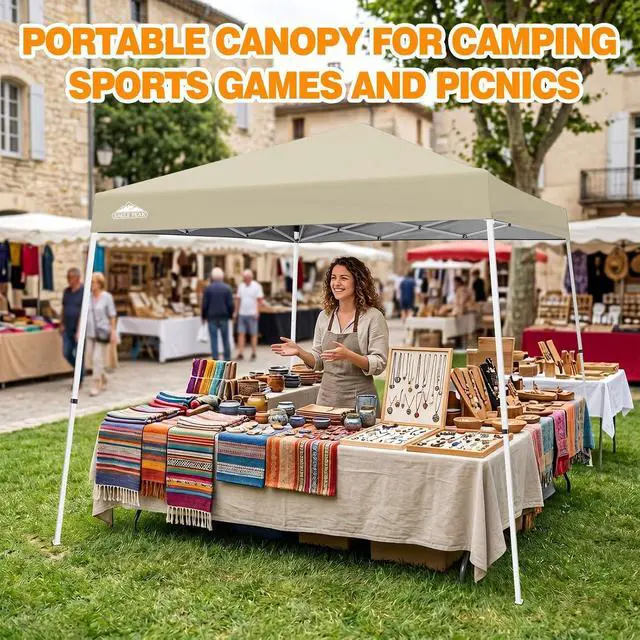 Alt view image 5 of 7 - 10x10 Slant Leg Pop-up Canopy Tent Easy One Person Setup Instant Outdoor Beach Canopy Folding Portable Sports Shelter 10x10 Base 8x8 Top (Light Beige)