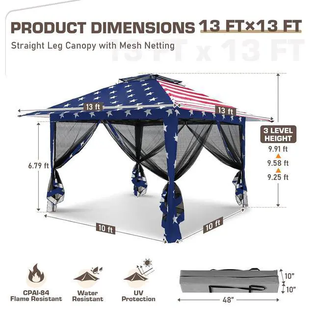 Alt view image 3 of 7 - 13x13 Pop Up Canopy Tent with Mosquito Netting Screen Tent, Auto Extending Eaves 169 Sq Ft of Shade, Easy One-Person Setup Screened Gazebo for Backyard and Patio, American Flag