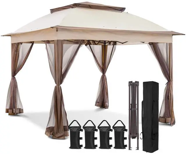 Main image of 11x11 Pop Up Canopy Tent with Mosquito Netting Screen Tent, Auto Extending Eaves 169 Sq Ft of Shade, Easy One-Person Setup Screened Gazebo for Backyard and Patio, Tan