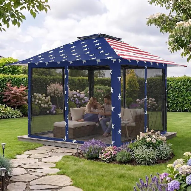 Alt view image 5 of 7 - 13x13 Pop Up Canopy Tent with Mosquito Netting Screen Tent, Auto Extending Eaves 169 Sq Ft of Shade, Easy One-Person Setup Screened Gazebo for Backyard and Patio, American Flag