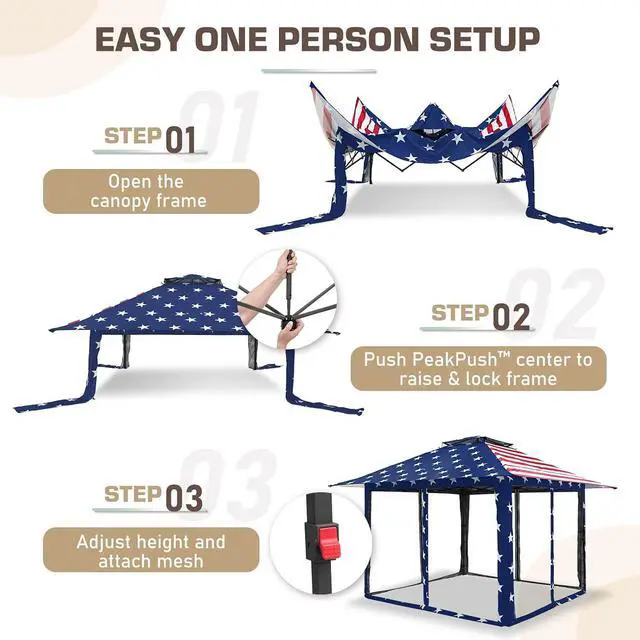 Alt view image 7 of 7 - 13x13 Pop Up Canopy Tent with Mosquito Netting Screen Tent, Auto Extending Eaves 169 Sq Ft of Shade, Easy One-Person Setup Screened Gazebo for Backyard and Patio, American Flag
