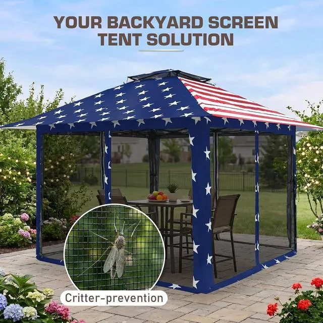 Alt view image 6 of 7 - 13x13 Pop Up Canopy Tent with Mosquito Netting Screen Tent, Auto Extending Eaves 169 Sq Ft of Shade, Easy One-Person Setup Screened Gazebo for Backyard and Patio, American Flag