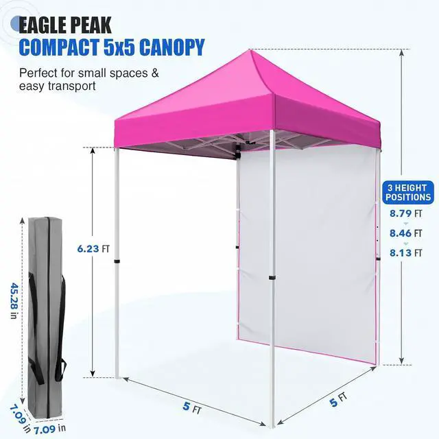 Alt view image 3 of 7 - Pop up Canopy 5x5, Outdoor Portable Canopy Tent with One Removable Sunwall, Carry Bag Included, Pink