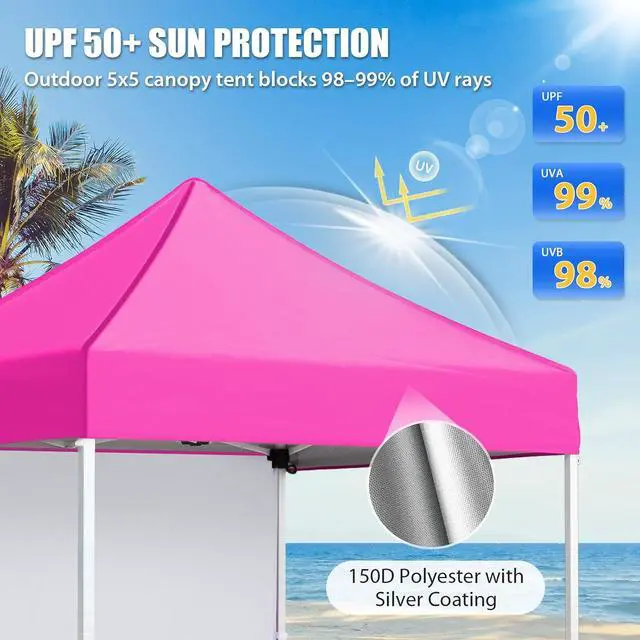Alt view image 2 of 7 - Pop up Canopy 5x5, Outdoor Portable Canopy Tent with One Removable Sunwall, Carry Bag Included, Pink
