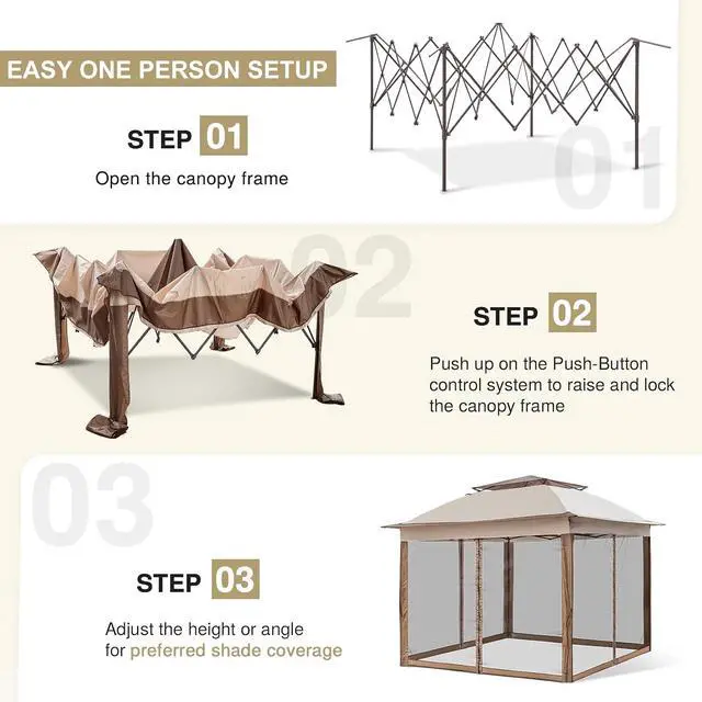 Alt view image 2 of 7 - 11x11 Pop Up Canopy Tent with Mosquito Netting Screen Tent, Auto Extending Eaves 169 Sq Ft of Shade, Easy One-Person Setup Screened Gazebo for Backyard and Patio, Tan