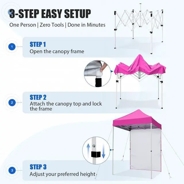 Alt view image 7 of 7 - Pop up Canopy 5x5, Outdoor Portable Canopy Tent with One Removable Sunwall, Carry Bag Included, Pink