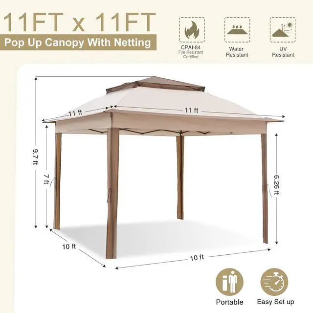 Alt view image 4 of 7 - 11x11 Pop Up Canopy Tent with Mosquito Netting Screen Tent, Auto Extending Eaves 169 Sq Ft of Shade, Easy One-Person Setup Screened Gazebo for Backyard and Patio, Tan
