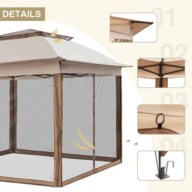 Alt view image 3 of 7 - 11x11 Pop Up Canopy Tent with Mosquito Netting Screen Tent, Auto Extending Eaves 169 Sq Ft of Shade, Easy One-Person Setup Screened Gazebo for Backyard and Patio, Tan