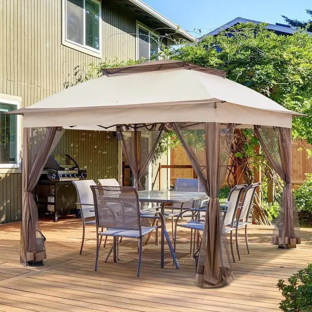 Alt view image 5 of 7 - 11x11 Pop Up Canopy Tent with Mosquito Netting Screen Tent, Auto Extending Eaves 169 Sq Ft of Shade, Easy One-Person Setup Screened Gazebo for Backyard and Patio, Tan
