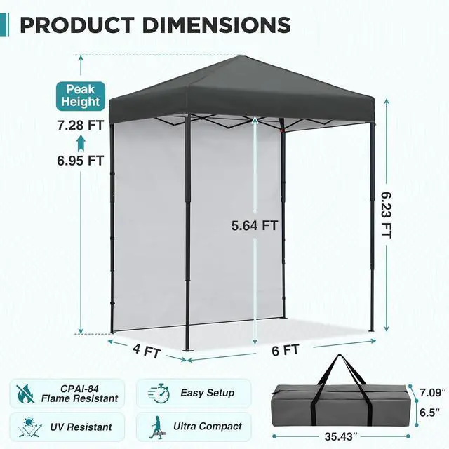 Alt view image 3 of 7 - 6x4 Instant Pop Up Canopy Tent with 1 Side Wall Panel, Straight Leg Sun Shelter, Portable Canopy with Carry Bag for Camping, Beach & Sports, Dark Gray