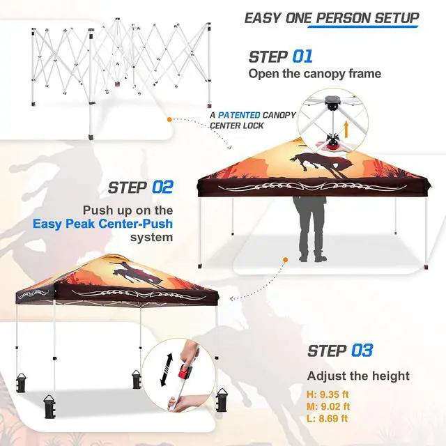 Alt view image 2 of 7 - Pop Up Canopy Tent with Wheeled Carry Bag, 8 Stakes, 4 Ropes, 4 Weight Bags, Easy Set Up Tent Canopy, 10x10 ft, 100sqft of Shade, Cowboy