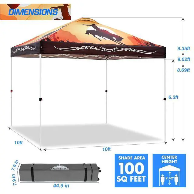 Alt view image 3 of 7 - Pop Up Canopy Tent with Wheeled Carry Bag, 8 Stakes, 4 Ropes, 4 Weight Bags, Easy Set Up Tent Canopy, 10x10 ft, 100sqft of Shade, Cowboy