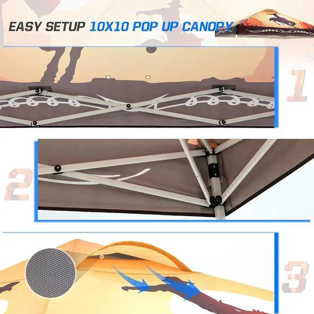 Alt view image 7 of 7 - Pop Up Canopy Tent with Wheeled Carry Bag, 8 Stakes, 4 Ropes, 4 Weight Bags, Easy Set Up Tent Canopy, 10x10 ft, 100sqft of Shade, Cowboy