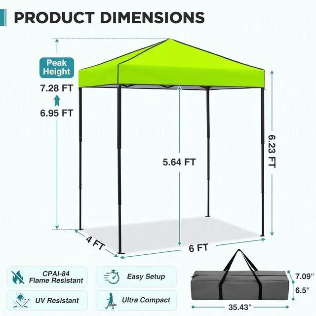 Alt view image 3 of 7 - 6x4 Instant Pop Up Canopy Tent, Straight Leg Sun Shelter, Portable Canopy with Carry Bag for Camping, Beach & Sports, Neon Green