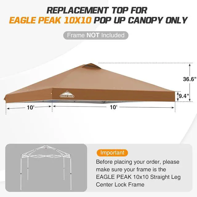 Alt view image 2 of 7 - Replacement Canopy Top for Eagle Peak 10x10 Straight Leg Pop Up Canopy Frame Only, Canopy Cover with Air Vent, UPF 50+, Frame NOT Included, Khaki
