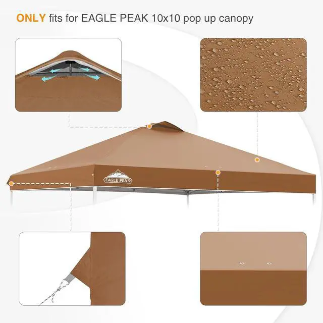 Alt view image 4 of 7 - Replacement Canopy Top for Eagle Peak 10x10 Straight Leg Pop Up Canopy Frame Only, Canopy Cover with Air Vent, UPF 50+, Frame NOT Included, Khaki