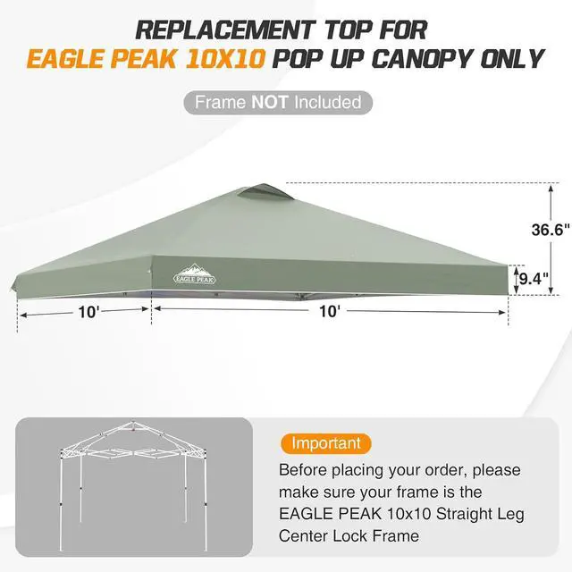 Alt view image 2 of 7 - Replacement Canopy Top for Eagle Peak 10x10 Straight Leg Pop Up Canopy Frame Only, Canopy Cover with Air Vent, UPF 50+, Frame NOT Included, Sage Green