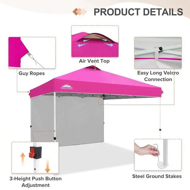 Alt view image 6 of 7 - Commercial Canopy 12x12 Pop Up Canopy Tent with 1 Sidewall, Easy Setup Heavy Duty Instant Event Shelter for Vendors & Markets, Outdoor Sun Shade, Pink