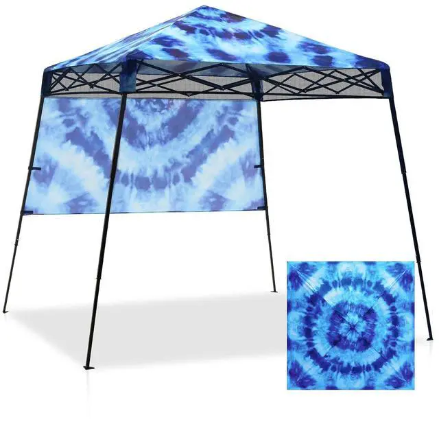 Main image of 8x8 Pop Up Canopy Tent with Sidewall, Compact, Portable Slant Leg Instant Sun Shelter for Beach, Sports, & Camping, 8x8 Base 6x6 Top, Tie Dye Blue