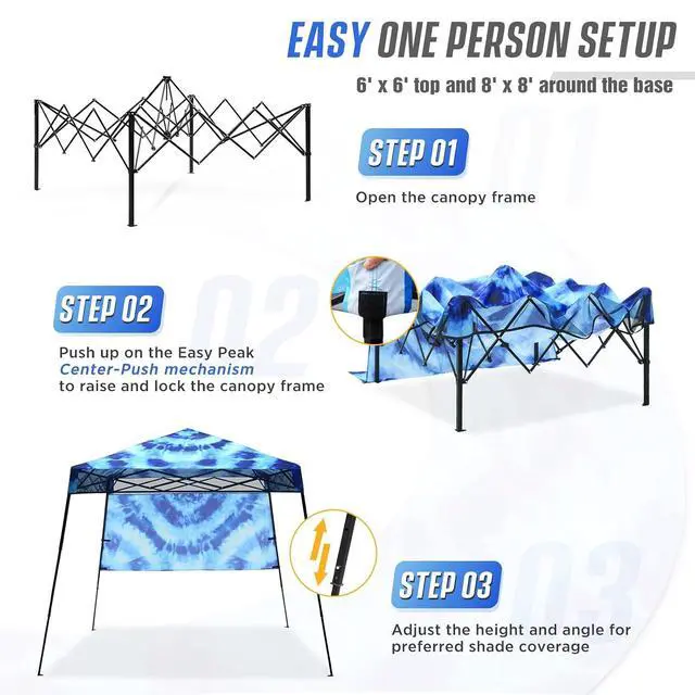 Alt view image 2 of 7 - 8x8 Pop Up Canopy Tent with Sidewall, Compact, Portable Slant Leg Instant Sun Shelter for Beach, Sports, & Camping, 8x8 Base 6x6 Top, Tie Dye Blue