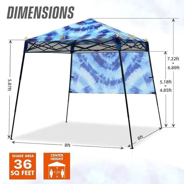 Alt view image 3 of 7 - 8x8 Pop Up Canopy Tent with Sidewall, Compact, Portable Slant Leg Instant Sun Shelter for Beach, Sports, & Camping, 8x8 Base 6x6 Top, Tie Dye Blue