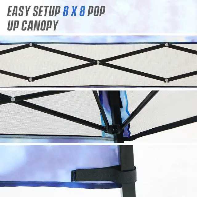 Alt view image 7 of 7 - 8x8 Pop Up Canopy Tent with Sidewall, Compact, Portable Slant Leg Instant Sun Shelter for Beach, Sports, & Camping, 8x8 Base 6x6 Top, Tie Dye Blue
