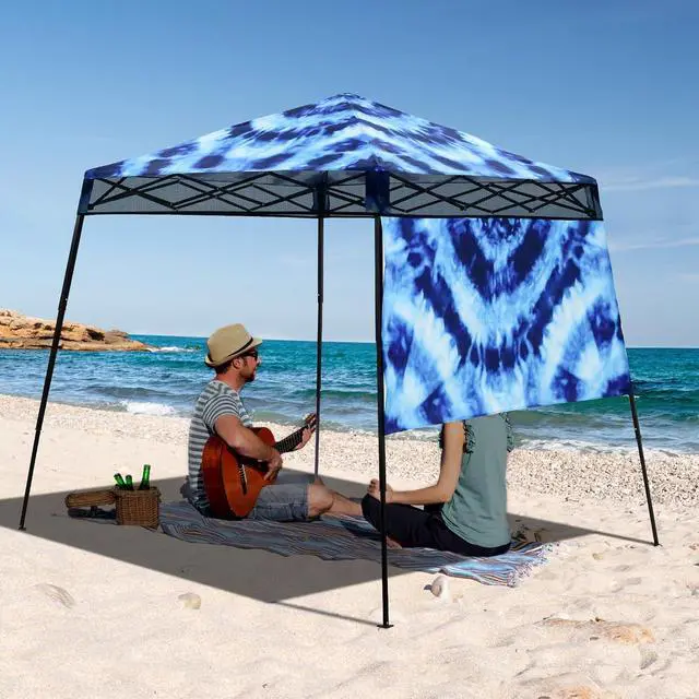 Alt view image 5 of 7 - 8x8 Pop Up Canopy Tent with Sidewall, Compact, Portable Slant Leg Instant Sun Shelter for Beach, Sports, & Camping, 8x8 Base 6x6 Top, Tie Dye Blue