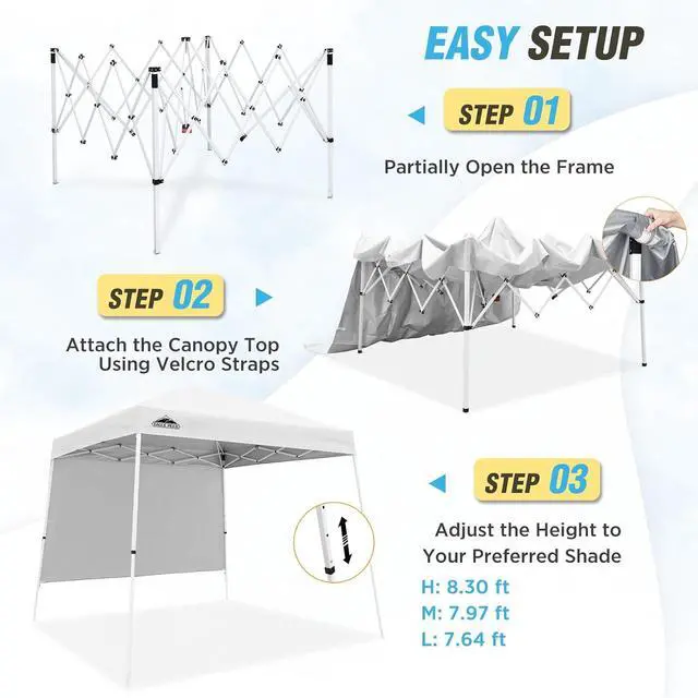 Alt view image 2 of 7 - 10x10 Pop Up Canopy Tent with Sidewall, Compact, Portable Slant Leg Instant Sun Shelter for Beach, Sports, & Camping, 10x10 Base 8x8 Top, White