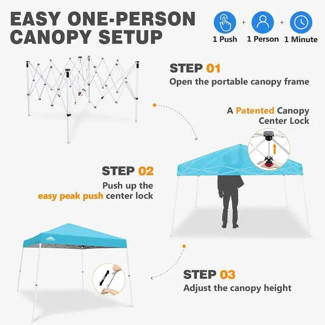 Alt view image 6 of 7 - 10x10 Slant Leg Pop-up Canopy Tent Easy One Person Setup Instant Outdoor Beach Canopy Folding Portable Sports Shelter 10x10 Base 8x8 Top (Light Blue)