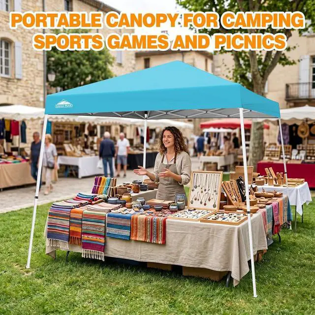 Alt view image 5 of 7 - 10x10 Slant Leg Pop-up Canopy Tent Easy One Person Setup Instant Outdoor Beach Canopy Folding Portable Sports Shelter 10x10 Base 8x8 Top (Light Blue)