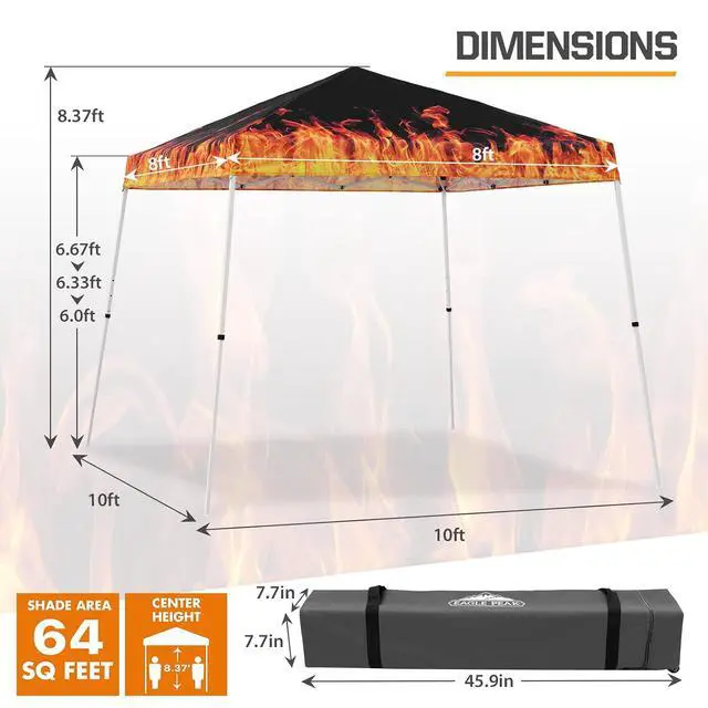 Alt view image 3 of 7 - 10x10 Slant Leg Pop-up Canopy Tent Easy One Person Setup Instant Outdoor Beach Canopy Folding Portable Sports Shelter 10x10 Base 8x8 Top (Flame)