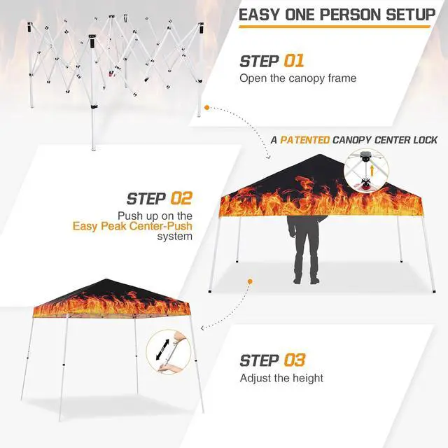 Alt view image 2 of 7 - 10x10 Slant Leg Pop-up Canopy Tent Easy One Person Setup Instant Outdoor Beach Canopy Folding Portable Sports Shelter 10x10 Base 8x8 Top (Flame)