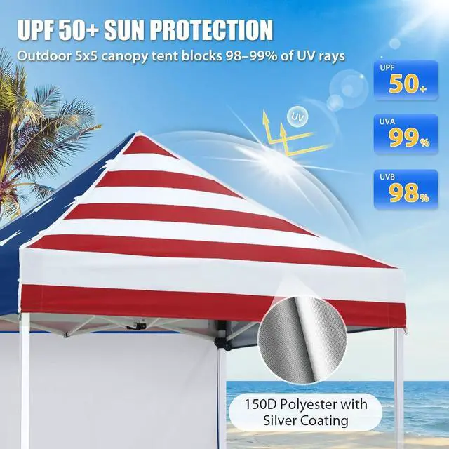 Alt view image 2 of 7 - Pop up Canopy 5x5, Outdoor Portable Canopy Tent with One Removable Sunwall, Carry Bag Included, American Flag