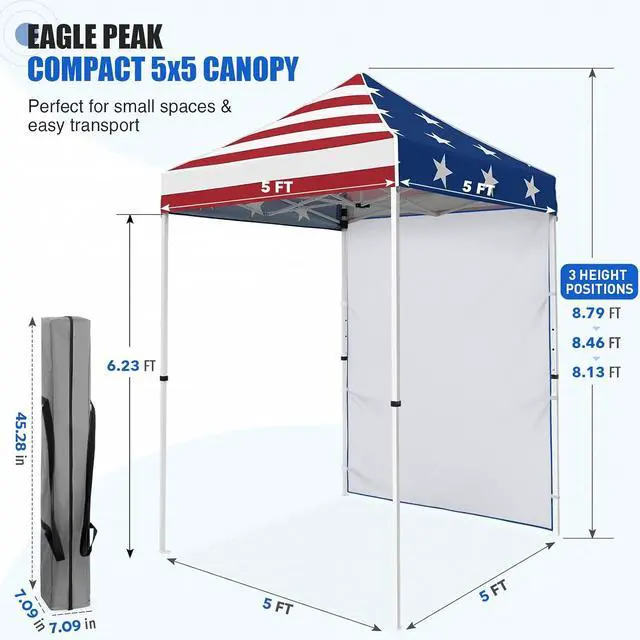 Alt view image 3 of 7 - Pop up Canopy 5x5, Outdoor Portable Canopy Tent with One Removable Sunwall, Carry Bag Included, American Flag