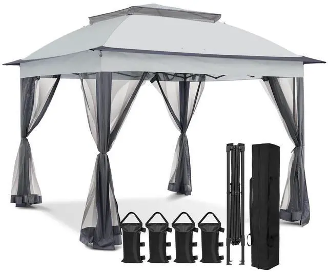 Main image of 11x11 Pop Up Canopy Tent with Mosquito Netting Screen Tent, Auto Extending Eaves 169 Sq Ft of Shade, Easy One-Person Setup Screened Gazebo for Backyard and Patio, Gray