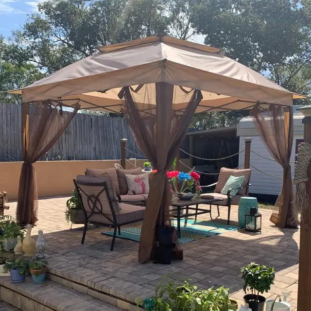 Alt view image 6 of 7 - 11x11 Pop Up Canopy Tent with Mosquito Netting Screen Tent, Auto Extending Eaves 169 Sq Ft of Shade, Easy One-Person Setup Screened Gazebo for Backyard and Patio, Tan
