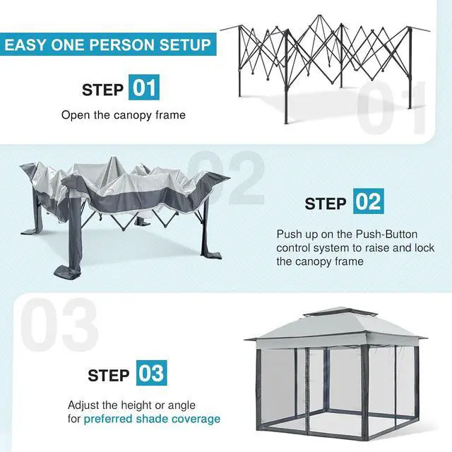 Alt view image 2 of 7 - 11x11 Pop Up Canopy Tent with Mosquito Netting Screen Tent, Auto Extending Eaves 169 Sq Ft of Shade, Easy One-Person Setup Screened Gazebo for Backyard and Patio, Gray